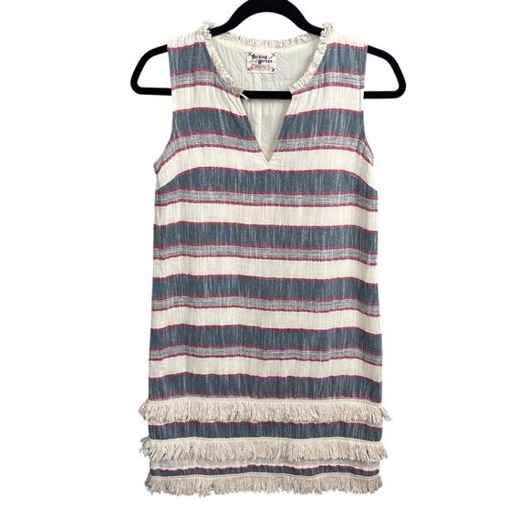 Anthropologie Holding Horses Fringe Shift Mini Dress Neutral Stripe SZ 0 Western - Picture 3 of 9